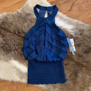 XOXO Pleated Smocked Waist Halter Top Blue Small